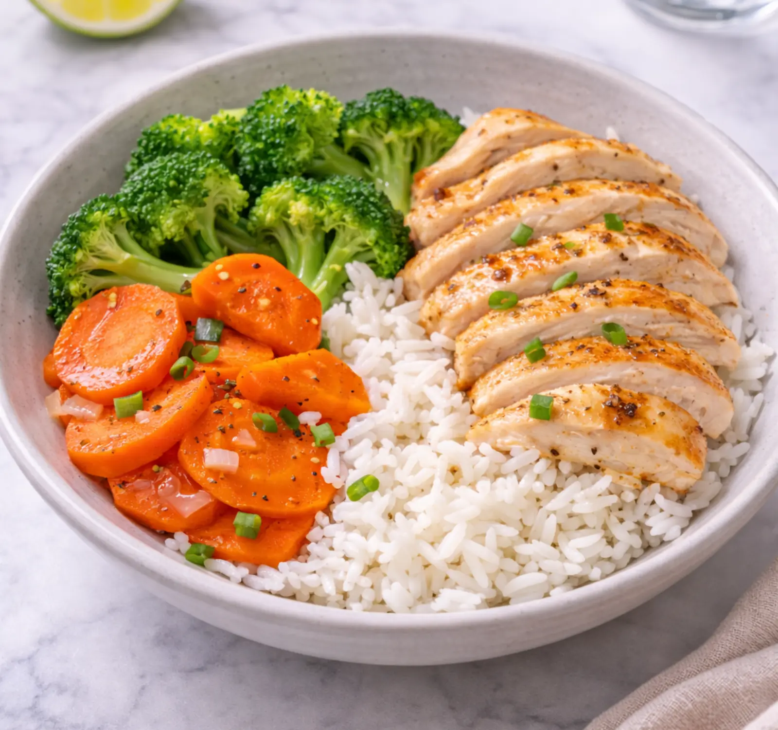 Bowl de pollo, arroz integral y vegetales