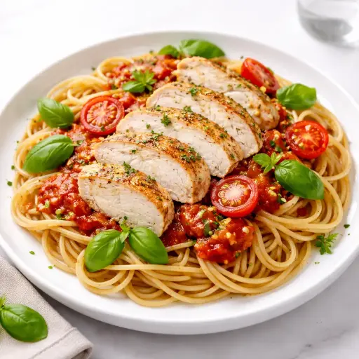 Pasta con pollo y salsa